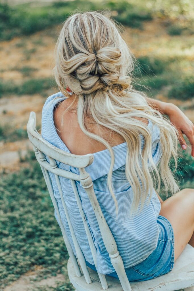 Long blonde hair with custom-blended hair extensions